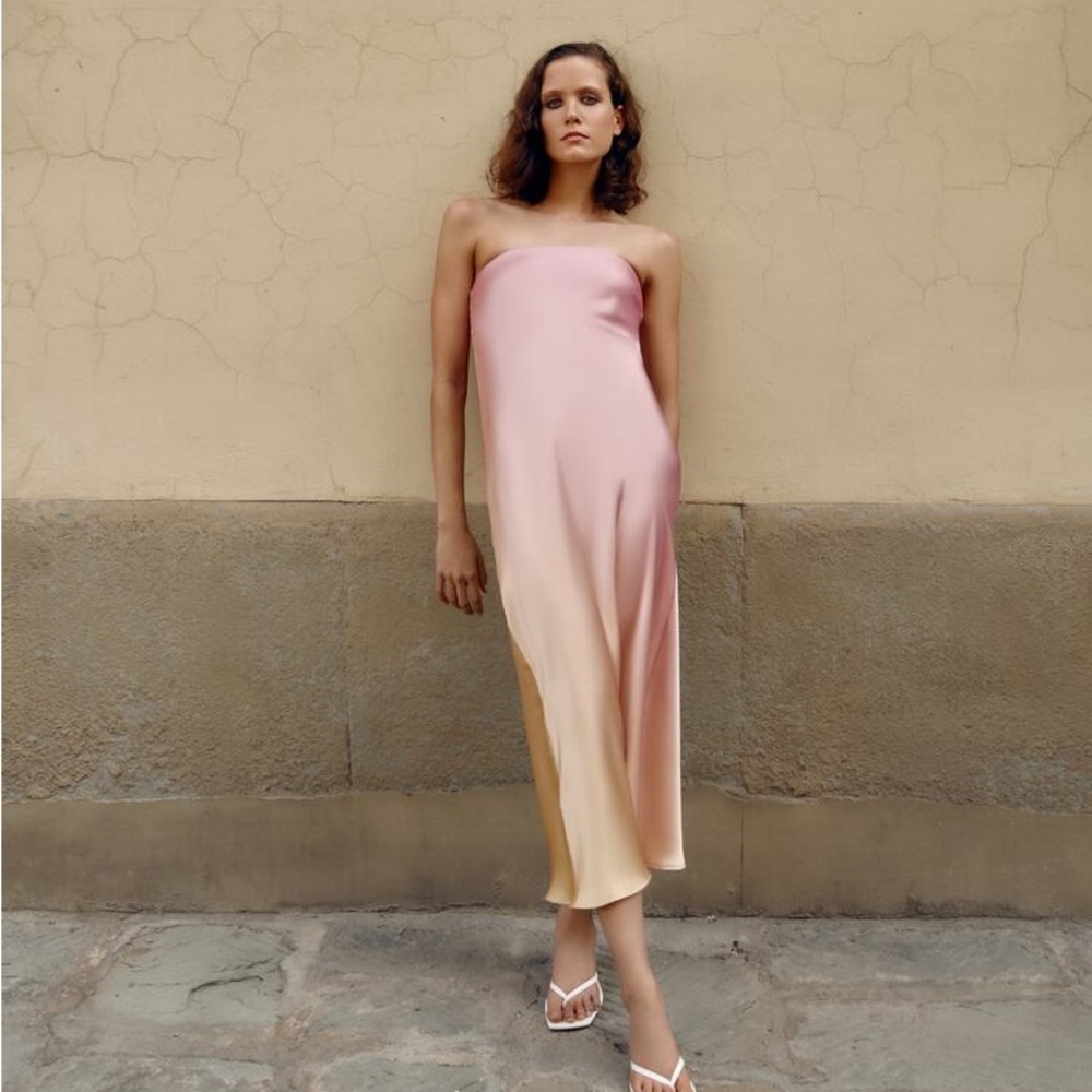 Zara Pink Satin Strapless Slip Dress - Picture 9 of 13